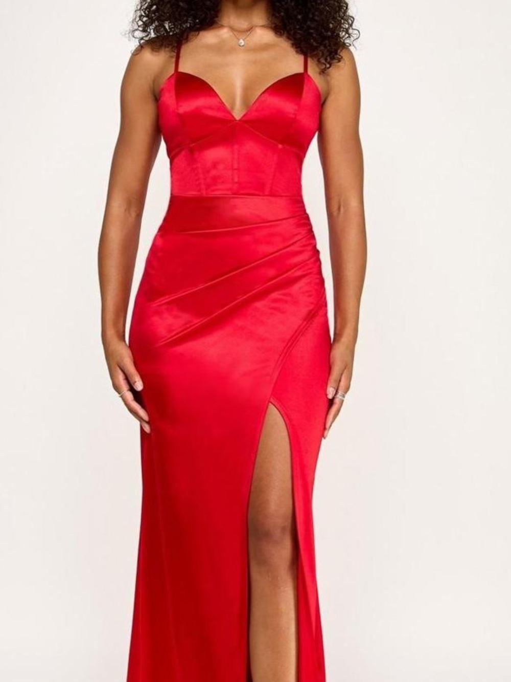 Emerald Sundae Scarlet Satin V-Neck Slit Prom Gown